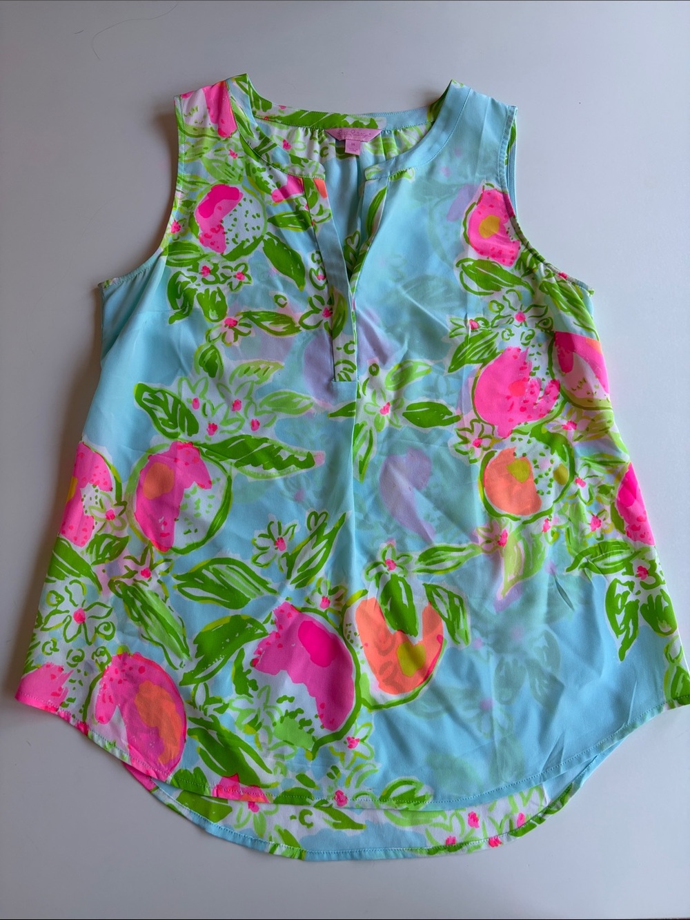 Lilly Pulitzer Aqua Floral Sleeveless V-Notch Silk Tank with Neon Accents